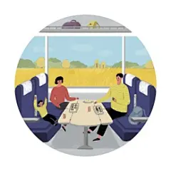 亲子赏秋旅行火车车厢稻田旅行插画