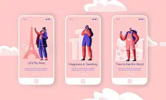 Men and Women Having Foreign Chipper Trip Concept for Website or Web Page. People Touristic Voyage Abroad with Guide Onboard Screen Set, Happy Traveling Characters. Cartoon Flat Vector IllustrationMen and Women Having Foreign Chipper Trip Concept for Webs
