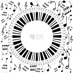 黑白音乐概念与圆形钢琴、音符和符号
