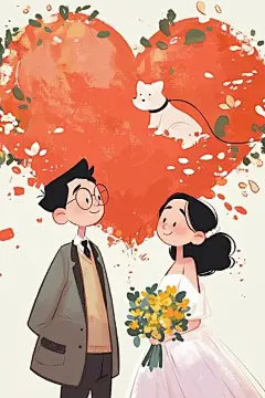 浪漫的婚纱照插画