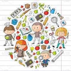 的孩子。学校和幼儿园。创造力和教育。音乐。探索。科学。的想象力。玩和学习。烹饪。唱歌。阅读。不同的爱