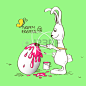 Easter greeting card with funny cartoon bunny rabbit coloring egg