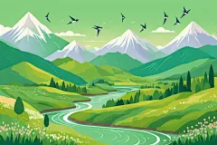 草地春意天空春景创作晴空青山插画背景图