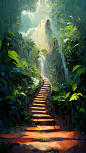 通往天堂的神奇阶梯，热带丛林，神奇的氛围，由Renato muccillo和Andreas Rocha设计，在artstation上流行
