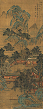 文徵明——【仙人原自爱蓬莱，瑶草金芝次第开，欸乃一声青雀艇，逍遥向履凤凰台。丁亥秋七月】人物山水楼阁 青绿山水 立轴欣赏 | <br/>明|文徵明(1470-1559)名壁字征明、征仲，号衡山居士，世称“文衡山”，诗文上与祝允明、唐寅、徐真卿并称“吴中四才子”。画史上与沈周、唐寅、仇英合称“吴门四家”。画从沈周。诗文画俱精，人称“四绝”全才。山水人物花卉等皆工。