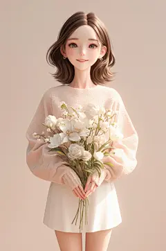 AI数字艺术春季捧花女孩人物模型-众图网