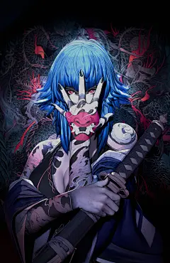 General 1724x2658 Robin RGX CGI portrait blue hair oni covering face portrait display digital art