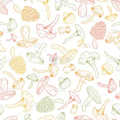 手绘蘑菇无缝图案，木材背景，伟大的纺织品，横幅，壁纸，包装矢量设计