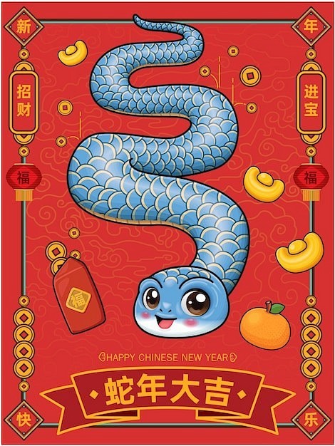 2025新年春节蛇年卡通蛇海报背景矢量图...