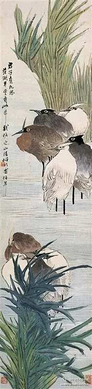 ——【 清 任伯年《君子有九思》】香港李博文藏。款识：“君子有九思。范湖草堂有此本，戏仿之。山阴任颐甫伯年”。孔子曰:“君子有九思：视思明，听思聪，色思温，貌思恭，言思忠，事思敬，疑思问，忿思难，见得思义。”任伯年此幅以九只鹭鸶入画，“鹭鸶”暗合“思”之意！@北坤人素材