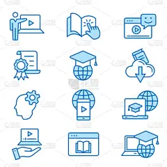 电子学习远程教育平行线图标。集教育、网络研讨会、距离、学生、培训等。可编辑的笔划。更改为任何尺寸和任