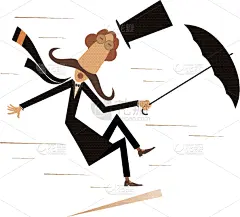 男人,小胡子,伞,强风,过时的,意外事件,风,天气,暴风雨,复古