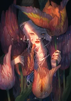 #设计美学#  #插画#
插画师あき的作品非常唯美，作者通过强烈的明暗对比渲染出梦境般的氛围，描绘了一位位美丽动人的少女~ ​​​​