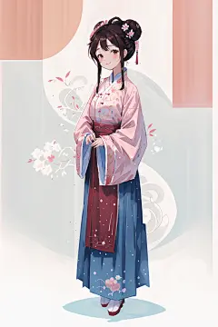 AI数字艺术扁平风格汉服女生插画
