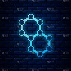 发光的氖分子图标孤立在砖墙背景上。化学分子结构，科学教师创新教育海报。向量