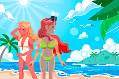 夏天海边游泳度假泳衣比基尼美女人物玩水晒太阳插画ai设计素材-淘宝网
