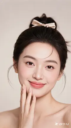 jimeng-2025-05-11-378-美妆模特，可爱俏皮，扎着头发，脸部放大，浅色背景，立体的五官，精致的妆容，水润嘴巴，，超写实，逼真的细节刻画 最高质量，网红妆容，佩戴发饰，裸色美甲图片