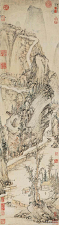 #山水画#【 明 侯懋功 《山村清话图》 】轴，纸本设色，31.4X119.4cm，天津市艺术博物馆藏。 侯懋功，字延赏，号夷门，嘉靖、万历（1522—1620）年间吴县（江苏苏州）人。山水师钱谷，受法於文徵明，后宗王蒙、黄公望，入元人之格，为世所珍。