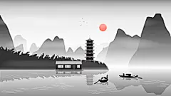 古风山水建筑凉亭荷花插画海报