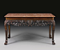 An Irish George II mahogany side table circa 1750,  Marble top later, frieze reduced in height. height 30 in.; width 4 ft. 5 in.; depth 27 1/4 in. 76.2 cm; 134.6 cm; 69.2 cm