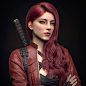 General 1920x1920 Zhipeng Ai CGI women redhead looking away jacket red clothing weapon hands crossed simple background dark background portrait