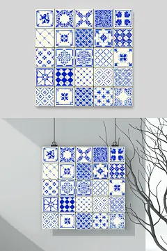 精致复古青花瓷色纹样矢量素材