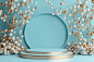 3d render abstract pastel blue background with empty stage for product presentation and gold decoration, modern minimalist scene