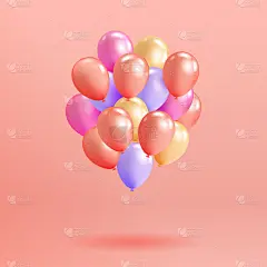 一套逼真的光滑氦气球漂浮在粉红色的背景。矢量3D气球的生日，派对，婚礼或推广横幅或海报。色彩柔和的生