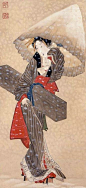 Geisha or courtesan carrying a shamisen in case through the snow. Main detail of a hanging scroll; ink and color on silk, 1804-18 , Japan, by artist Numata Gessai. MFA (William Sturgis Bigelow Collection): 