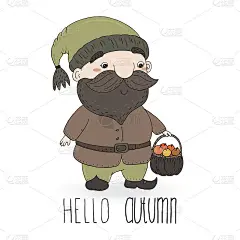 手绘矢量插图与可爱的卡通侏儒。你好,秋天的名片。