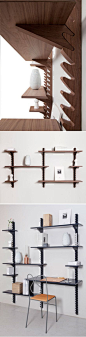 Broberg & Ridderstrï¿½le工作室设计的置物架系统，支架固定在墙上，隔板可以按需要配置，类似的产品一般都是金属节点，这个设计用全木质构造给人的感觉更亲切。via：：,设计,书架
