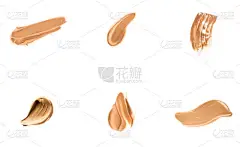 粉底上的液体污迹、污迹和笔迹作为妆容结构，与白色背景、美感和化妆品相分离