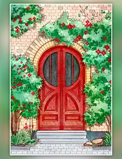 手绘夏天夏日水彩唯美治愈红色小院风景插画