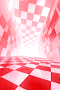 a empty red background, red and white checkered floor, in the style of light white and white, organized chaos