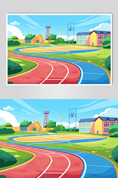 AI数字艺术扁平风校园球场操场插画-众图网