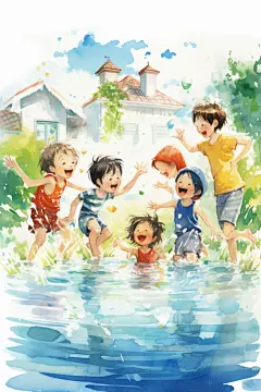 夏日玩水休闲泳池晴空游泳学生插画图片