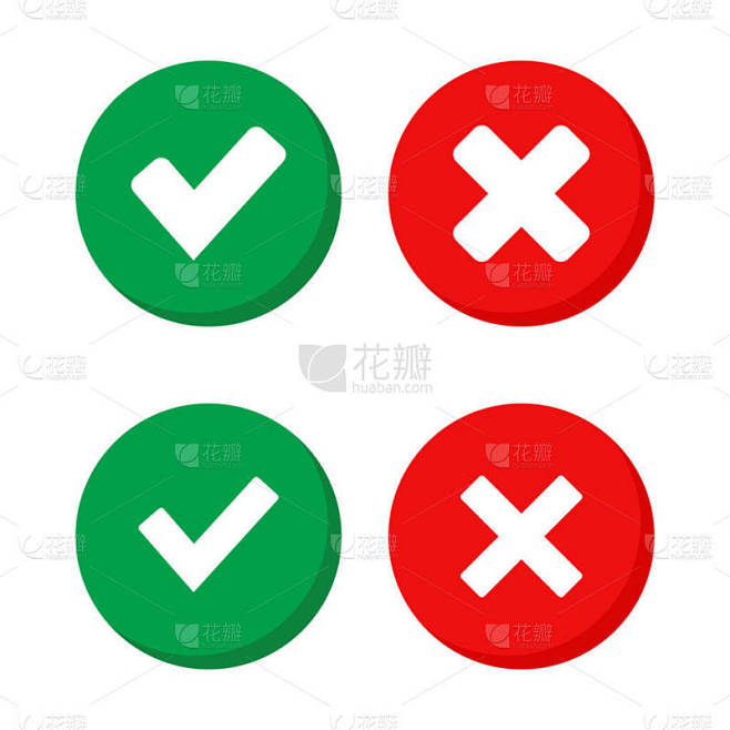 挑逗和交叉标志。绿色标记和红色X图标，在白色背景上隔离的向量.
