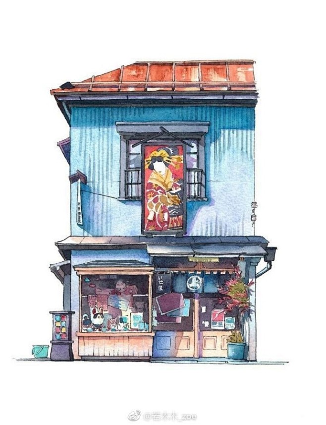 一组日本插画师的钢笔淡彩作品，他的书买了...