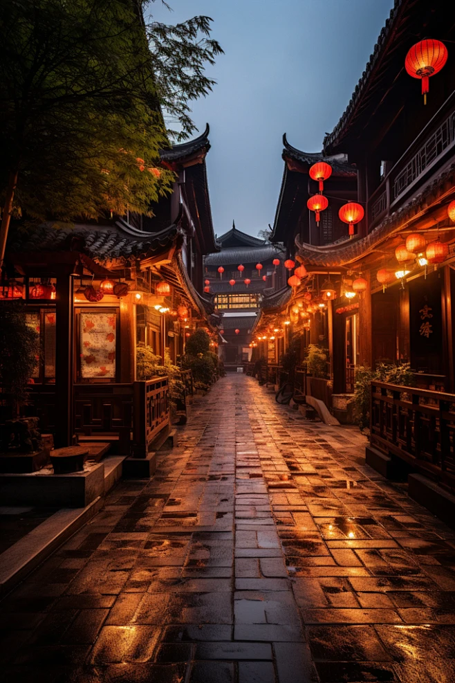 新年古风建筑挂满灯笼的街道素材图片