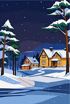 冬季夜晚梦幻小木屋