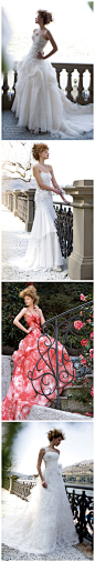 Jillian 2013婚纱系列，花卉带蕾丝礼服，缀满彩色宝石的胸衣，束腰不规则荷叶边裙摆，精致浪漫。