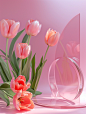 A mockup stage design. Close up of clear circle with an Women's Day theme, Women's Day elements and decoration, Tulips, dreamy pastel color palette, ultra realistic,