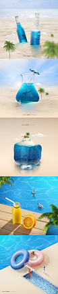 【源文件下载】 海报 夏季 夏日 夏天 旅游 度假 创意 简约 瓶子 冰块 游泳