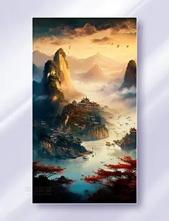 游戏小说中国风山水画飞鸟云雾古建筑大气绚丽霞光图