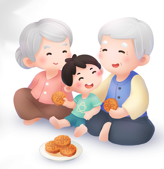 一家团圆中秋节爷孙赏月吃月饼原创插画