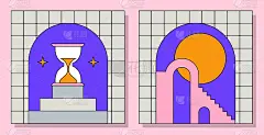 抽象的旧美学groovy背景设置。现代复古漫画插图。复古，时尚，怀旧，色彩斑斓的风格，七八十年代，九