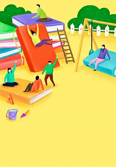 创意简约插画卡通小人物学习海洋书本天空沙滩海报