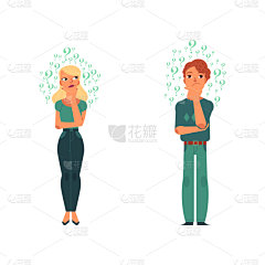 男人,女孩,青年人,卡通,分离着色,可爱的,白色,概念,图像,想