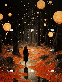 富有想象力的奇幻风景插画海报金黄色蘑菇
