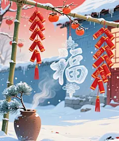 农家院元旦插画竹竿挑红爆竹串冻柿枝